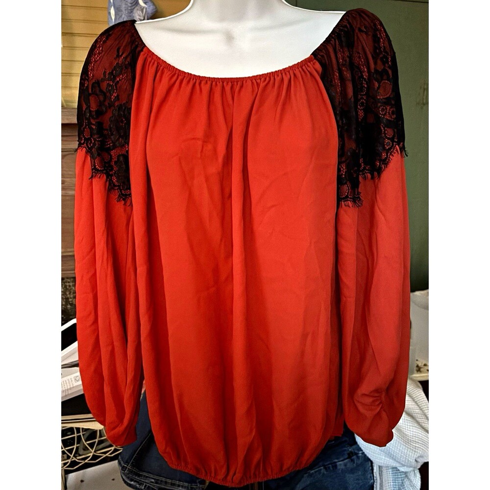 Emma Rose Women’s Orange Black Lace Shoulder Long Sleeve Scoop Neck Blouse